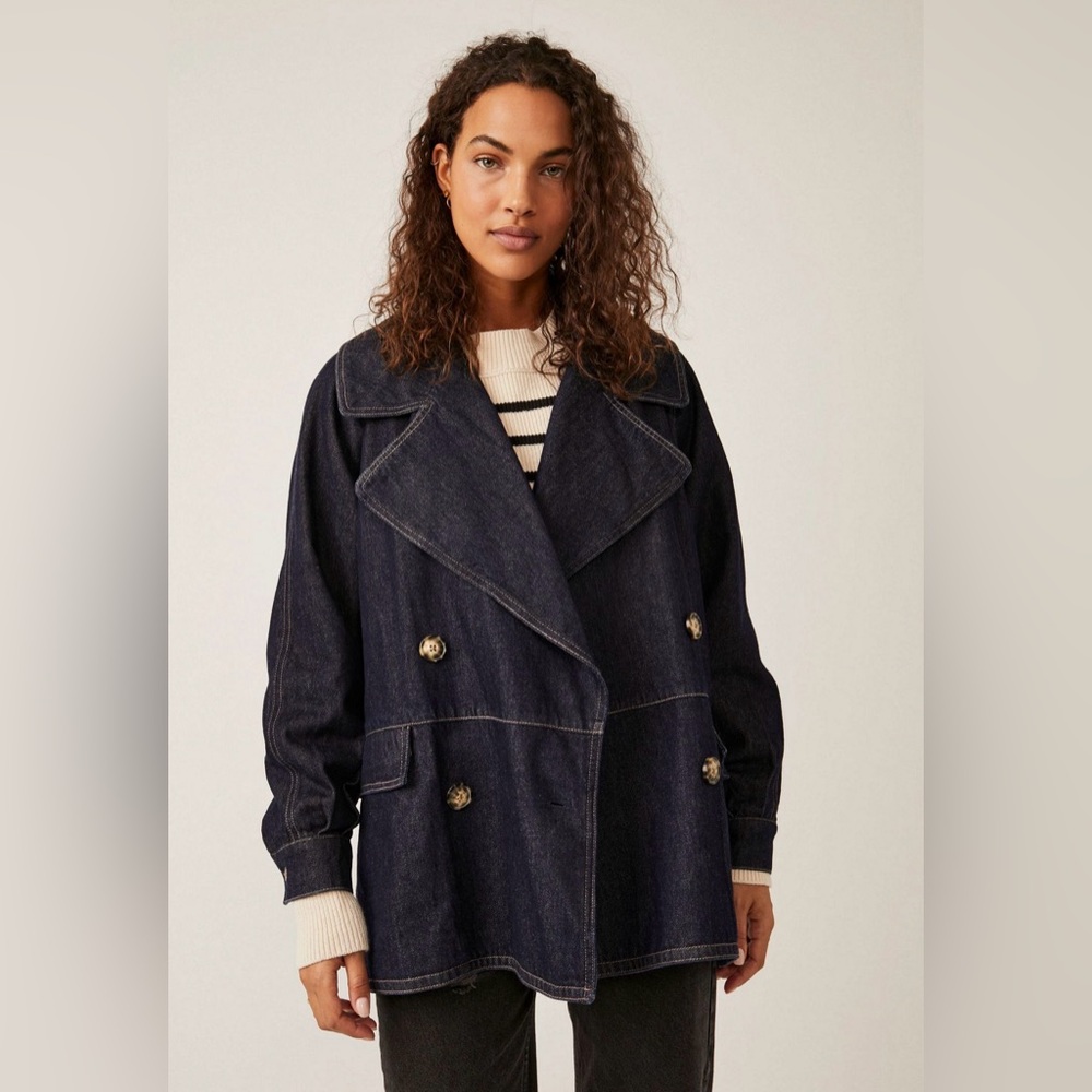 Free People Denim Car Coat Double Breasted Size L